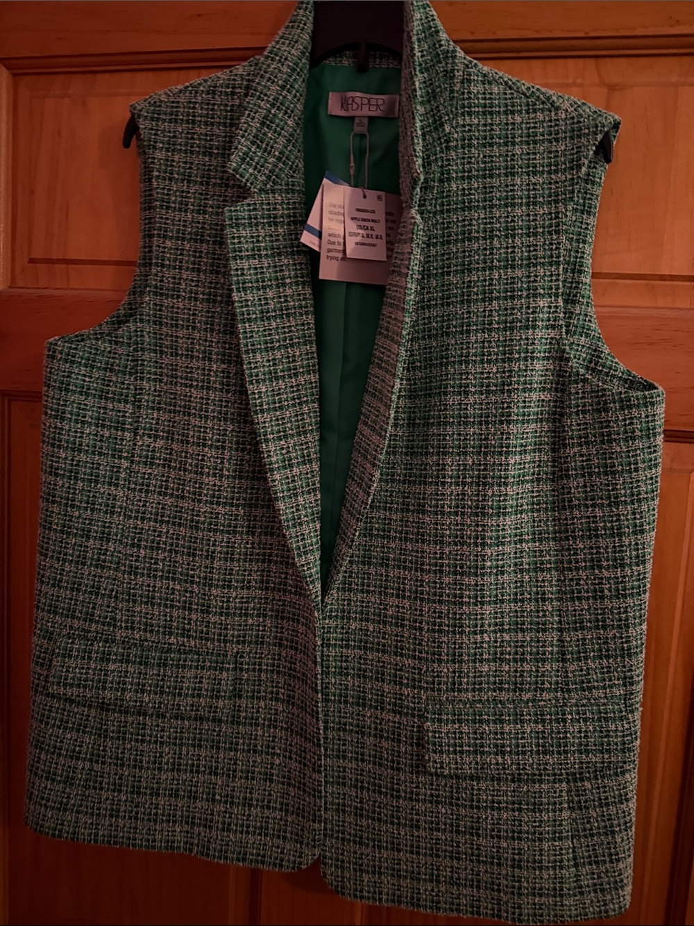 Kasper Green Tweed Sleeveless Blazer Vest with Notch Lapel